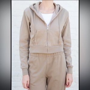 Brandy Melville - Tan Cropped Full Zip Hoodie Sweatshirt - O/S